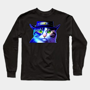 Green Eyed Cat Rocks Blue Fedora Long Sleeve T-Shirt